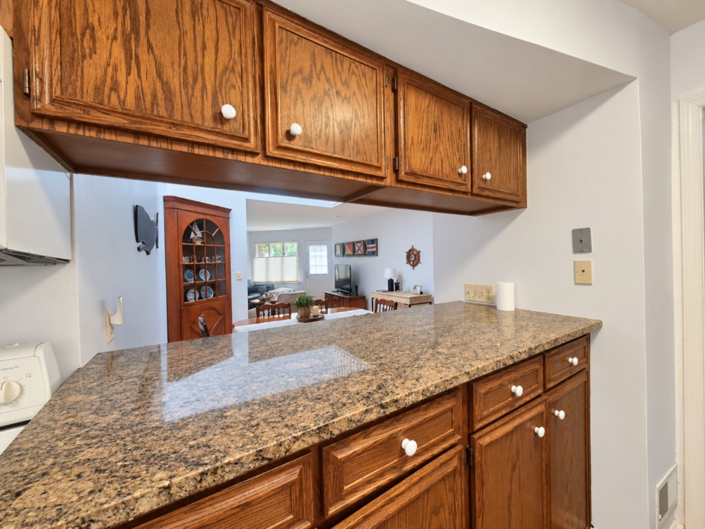 Kitchen pass-through overlooking the dining area.