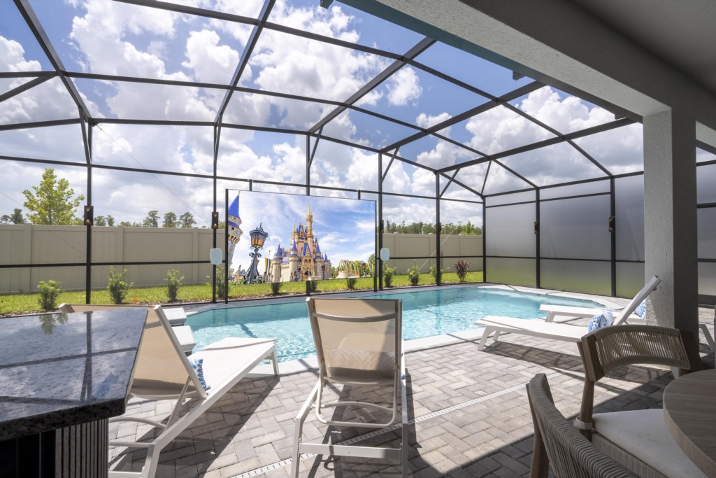 Pool area w/ LED screen, privacy screen.