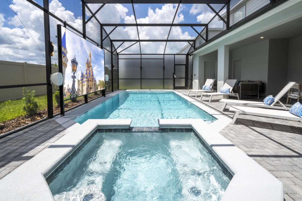 Pool area w/ LED screen, privacy screen.