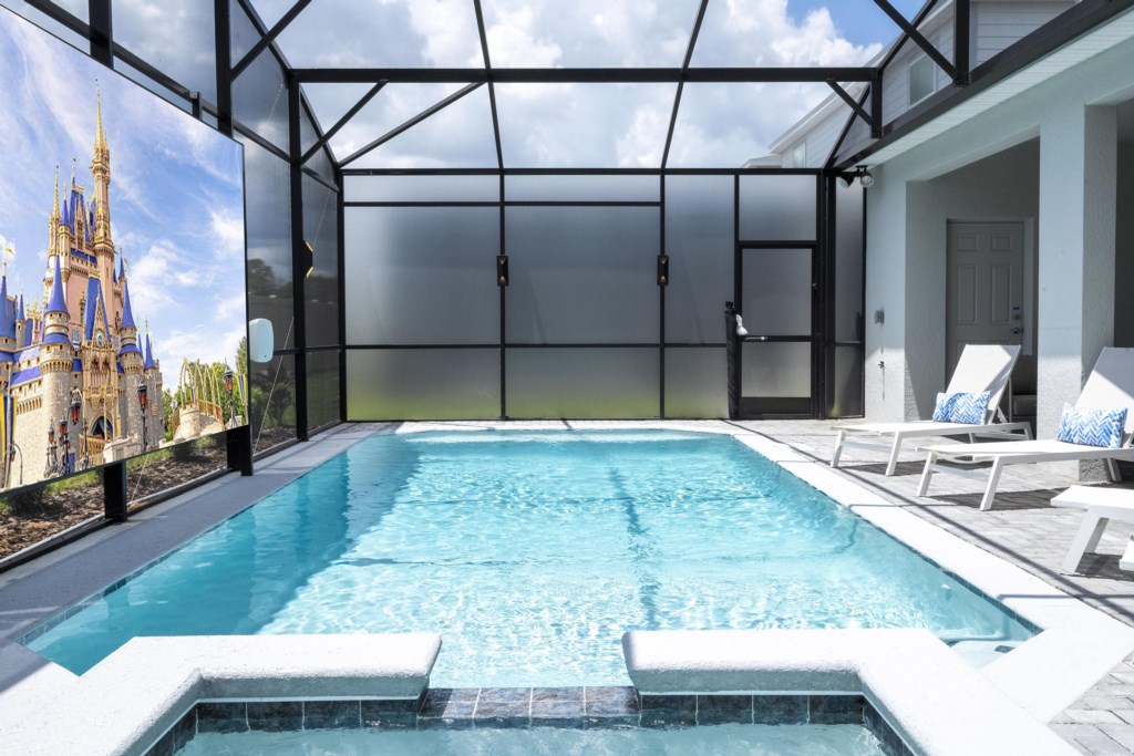 Pool area w/ LED screen, privacy screen.