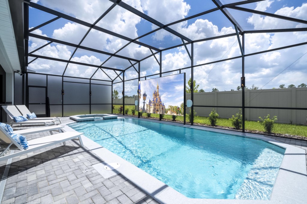 Pool area w/ LED screen, privacy screen.