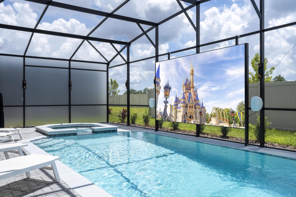 Pool area w/ LED screen, privacy screen.