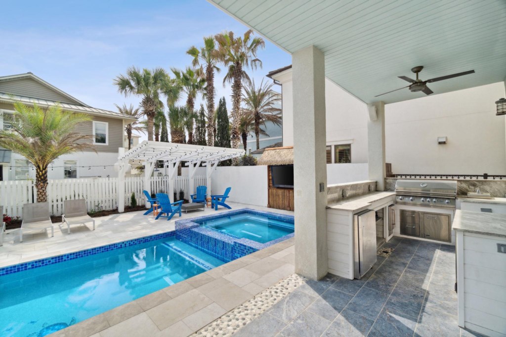 The pool can be heated during cooler months
