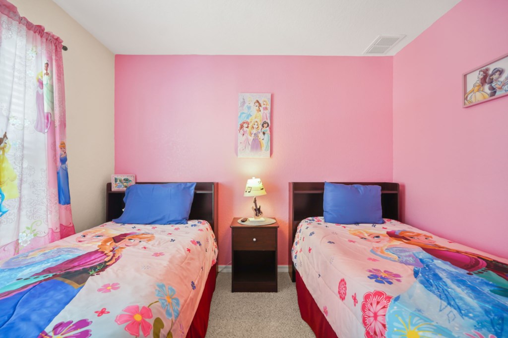 Bedroom # 4 upstairs with 2 Twin size beds Disney Princess Themed.