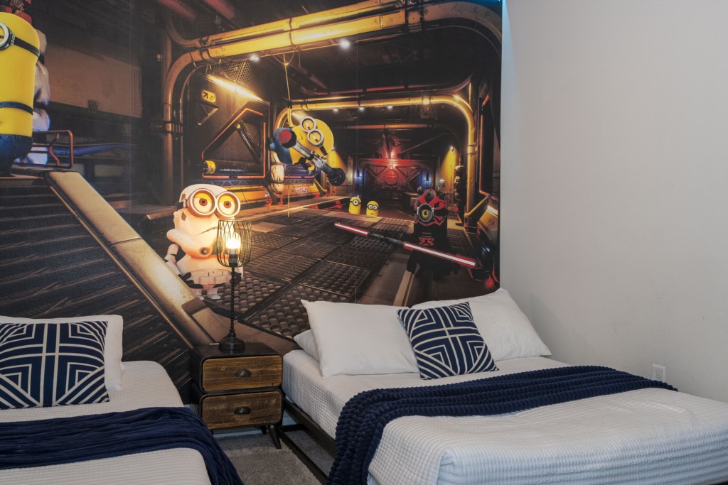 Minions themed bedroom w/ full + twin & TV